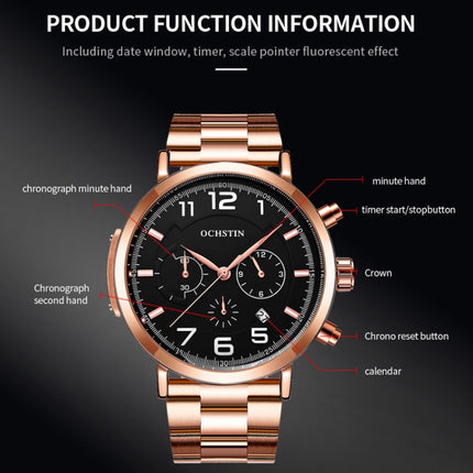 OCHSTIN 7243 Men Fashion Steel Strap Multifunctional Quartz Watch(Rose Gold Black)-garmade.com