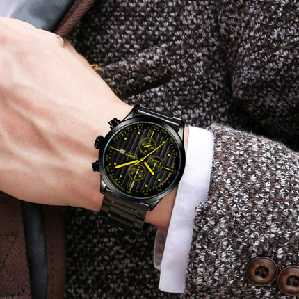 OCHSTIN 7244 Fashion Steel Strap Multifunctional Quartz Men Watch(Black Yellow)-garmade.com