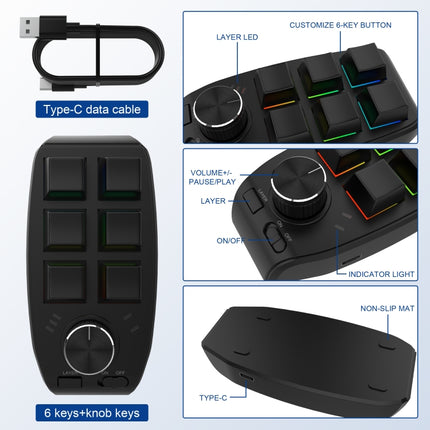 Bluetooth Wireless RGB Custom Mechanical KeyBoard 6 Keys 1 Knob Programming Gaming Keypad(Black)-garmade.com