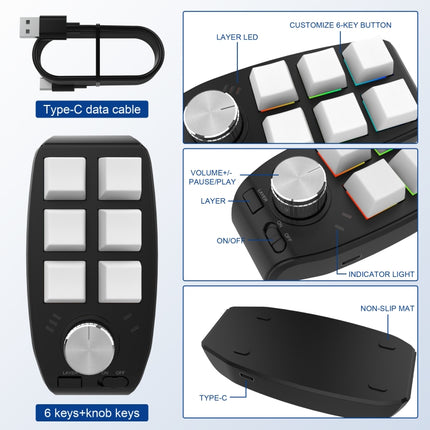 Bluetooth Wireless RGB Custom Mechanical Keyboard 6 Keys 1 Knob Programming Gaming Keypad(White)-garmade.com