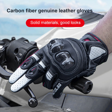 One Pair Genuine Leather Motorcycle Gloves with Carbon Fiber Hard Knuckle Touch Screen, Size:L(Black)-garmade.com