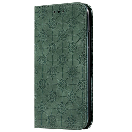 For iPhone 11 Lucky Flowers Embossing Pattern Magnetic Horizontal Flip Leather Case with Holder & Card Slots(Dark Green)-garmade.com