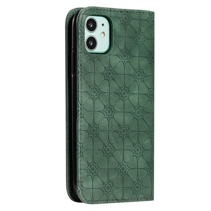 For iPhone 11 Lucky Flowers Embossing Pattern Magnetic Horizontal Flip Leather Case with Holder & Card Slots(Dark Green)-garmade.com