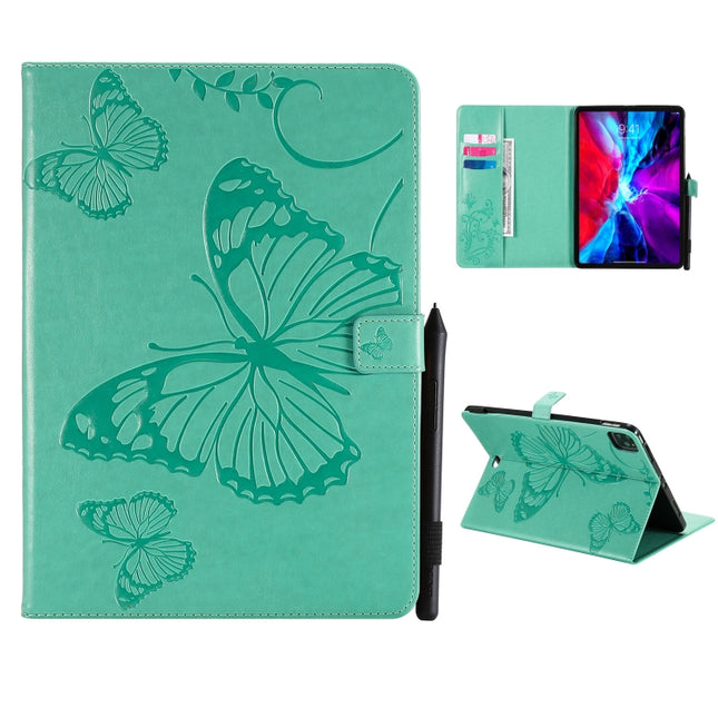 For iPad Pro 12.9 (2020) Pressed Printing Butterfly Pattern Horizontal Flip Leather Tablet Case with Holder & Card Slots & Wallet(Green)-garmade.com