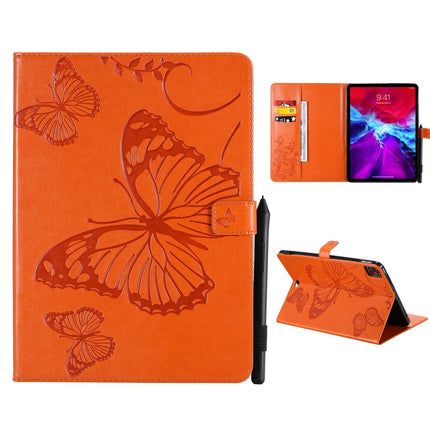 For iPad Pro 12.9 (2020) Pressed Printing Butterfly Pattern Horizontal Flip Leather Tablet Case with Holder & Card Slots & Wallet(Orange)-garmade.com