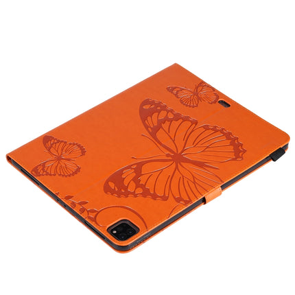 For iPad Pro 12.9 (2020) Pressed Printing Butterfly Pattern Horizontal Flip Leather Tablet Case with Holder & Card Slots & Wallet(Orange)-garmade.com