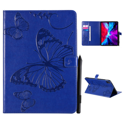 For iPad Pro 12.9 (2020) Pressed Printing Butterfly Pattern Horizontal Flip Leather Tablet Case with Holder & Card Slots & Wallet(Blue)-garmade.com