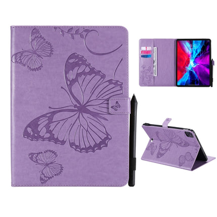 For iPad Pro 12.9 (2020) Pressed Printing Butterfly Pattern Horizontal Flip Leather Tablet Case with Holder & Card Slots & Wallet(Purple)-garmade.com