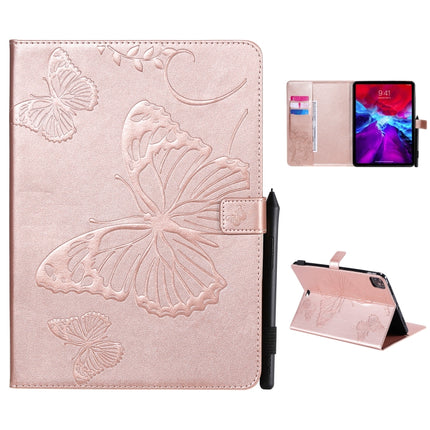 For iPad Pro 12.9 (2020) Pressed Printing Butterfly Pattern Horizontal Flip Leather Tablet Case with Holder & Card Slots & Wallet(Rose Gold)-garmade.com