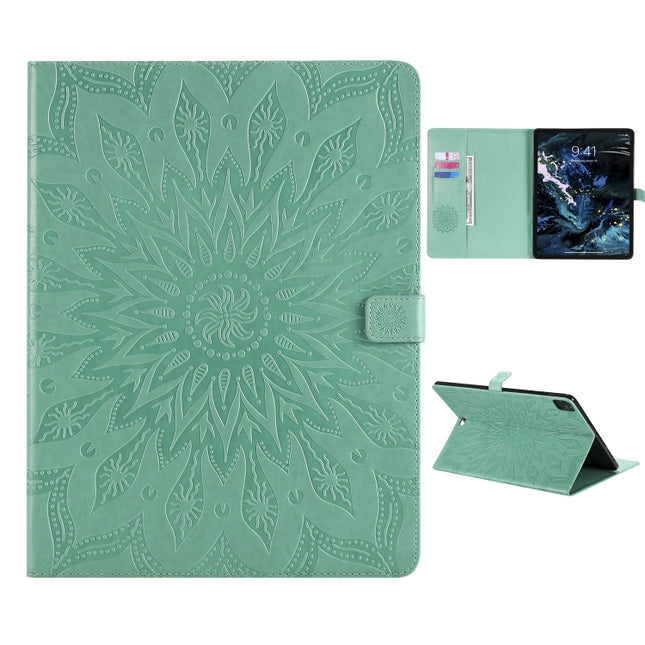 For iPad Pro 12.9 (2020) & Pro 12.9 (2018) Pressed Printing Sunflower Pattern Horizontal Flip PU Leather Tablet Case with Holder & Card Slots & Wallet(Green)-garmade.com