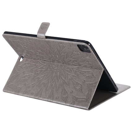 For iPad Pro 12.9 (2020) & Pro 12.9 (2018) Pressed Printing Sunflower Pattern Horizontal Flip PU Leather Tablet Case with Holder & Card Slots & Wallet(Grey)-garmade.com