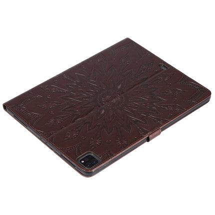 For iPad Pro 12.9 (2020) & Pro 12.9 (2018) Pressed Printing Sunflower Pattern Horizontal Flip PU Leather Tablet Case with Holder & Card Slots & Wallet(Brown)-garmade.com