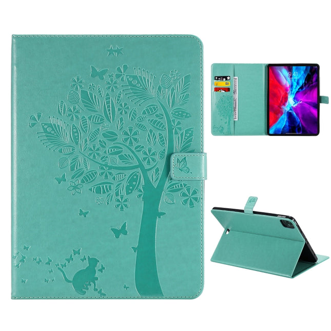 For iPad Pro 12.9 (2020) Pressed Printing Cat and Tree Pattern Horizontal Flip Leather Tablet Case with Holder & Card Slots & Wallet(Green)-garmade.com