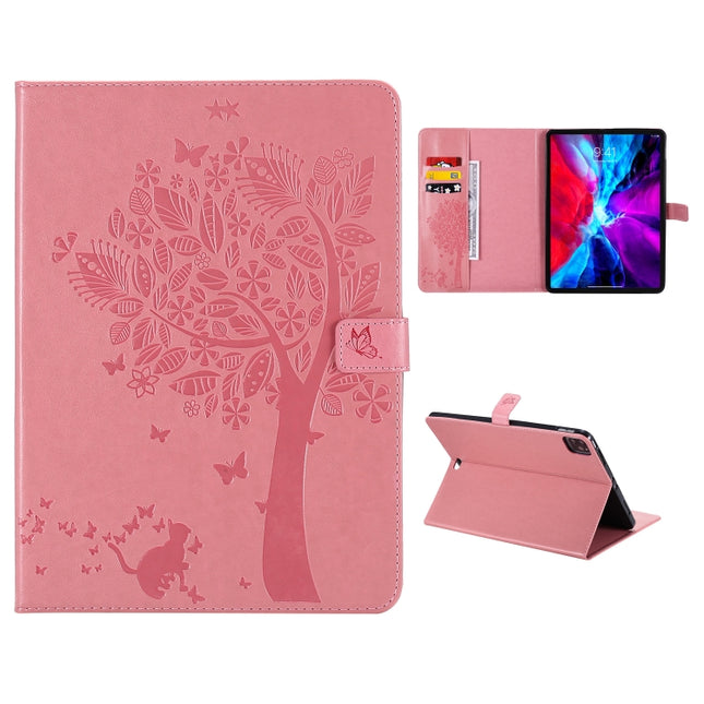 For iPad Pro 12.9 (2020) Pressed Printing Cat and Tree Pattern Horizontal Flip Leather Tablet Case with Holder & Card Slots & Wallet(Pink)-garmade.com