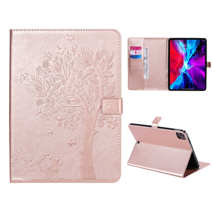 For iPad Pro 12.9 (2020) Pressed Printing Cat and Tree Pattern Horizontal Flip Leather Tablet Case with Holder & Card Slots & Wallet(Rose Gold)-garmade.com