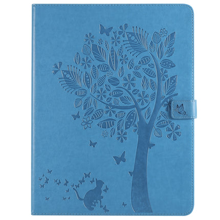 For iPad Pro 12.9 (2020) Pressed Printing Cat and Tree Pattern Horizontal Flip Leather Tablet Case with Holder & Card Slots & Wallet(Blue)-garmade.com