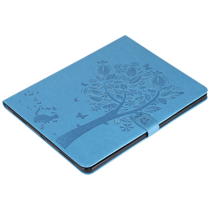 For iPad Pro 12.9 (2020) Pressed Printing Cat and Tree Pattern Horizontal Flip Leather Tablet Case with Holder & Card Slots & Wallet(Blue)-garmade.com