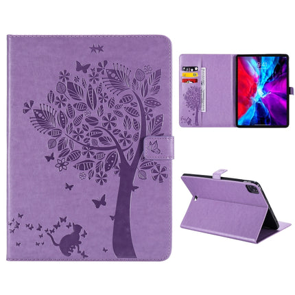 For iPad Pro 12.9 (2020) Pressed Printing Cat and Tree Pattern Horizontal Flip Leather Tablet Case with Holder & Card Slots & Wallet(Purple)-garmade.com