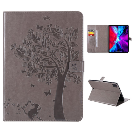 For iPad Pro 12.9 (2020) Pressed Printing Cat and Tree Pattern Horizontal Flip Leather Tablet Case with Holder & Card Slots & Wallet(Grey)-garmade.com