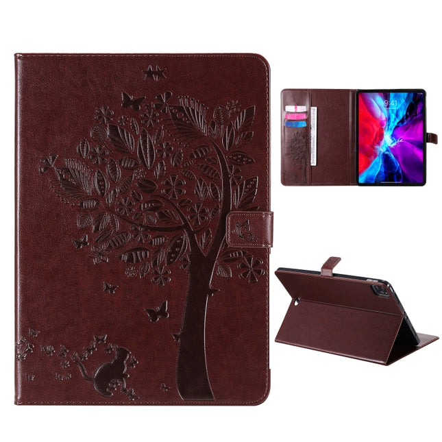 For iPad Pro 12.9 (2020) Pressed Printing Cat and Tree Pattern Horizontal Flip Leather Tablet Case with Holder & Card Slots & Wallet(Coffee)-garmade.com