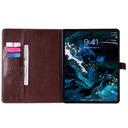 For iPad Pro 12.9 (2020) Pressed Printing Cat and Tree Pattern Horizontal Flip Leather Tablet Case with Holder & Card Slots & Wallet(Coffee)-garmade.com