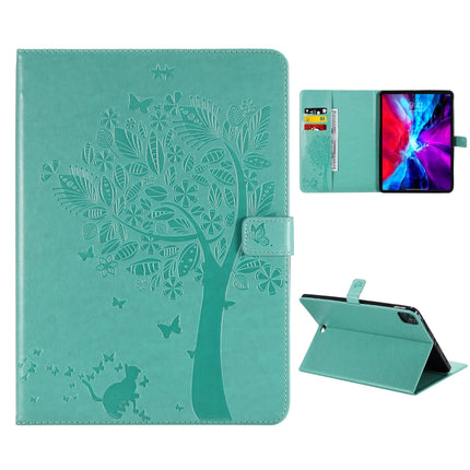 For iPad Pro 11 (2020) Pressed Printing Cat and Tree Pattern Horizontal Flip Leather Tablet Case with Holder & Card Slots & Wallet(Green)-garmade.com
