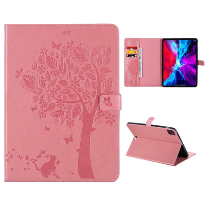 For iPad Pro 11 (2020) Pressed Printing Cat and Tree Pattern Horizontal Flip Leather Tablet Case with Holder & Card Slots & Wallet(Pink)-garmade.com