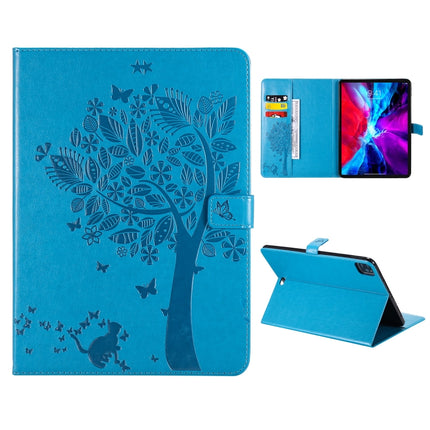 For iPad Pro 11 (2020) Pressed Printing Cat and Tree Pattern Horizontal Flip Leather Tablet Case with Holder & Card Slots & Wallet(Blue)-garmade.com
