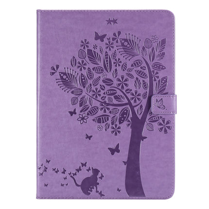 For iPad Pro 11 (2020) Pressed Printing Cat and Tree Pattern Horizontal Flip Leather Tablet Case with Holder & Card Slots & Wallet(Purple)-garmade.com