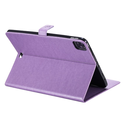 For iPad Pro 11 (2020) Pressed Printing Cat and Tree Pattern Horizontal Flip Leather Tablet Case with Holder & Card Slots & Wallet(Purple)-garmade.com