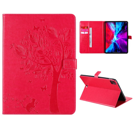For iPad Pro 11 (2020) Pressed Printing Cat and Tree Pattern Horizontal Flip Leather Tablet Case with Holder & Card Slots & Wallet(Red)-garmade.com