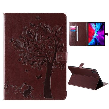 For iPad Pro 11 (2020) Pressed Printing Cat and Tree Pattern Horizontal Flip Leather Tablet Case with Holder & Card Slots & Wallet(Coffee)-garmade.com