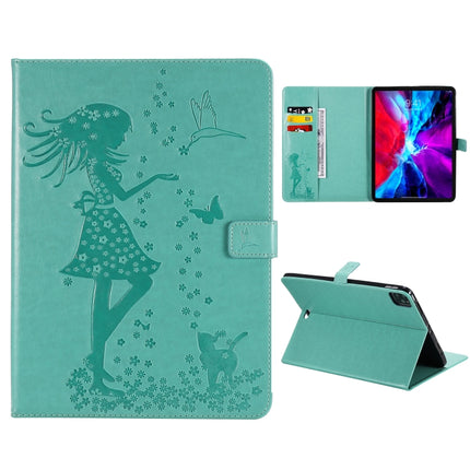 For iPad Pro 12.9 (2020) Pressed Printing Woman and Cat Pattern Horizontal Flip Leather Tablet Case with Holder & Card Slots & Wallet(Green)-garmade.com