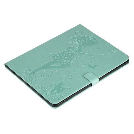 For iPad Pro 12.9 (2020) Pressed Printing Woman and Cat Pattern Horizontal Flip Leather Tablet Case with Holder & Card Slots & Wallet(Green)-garmade.com