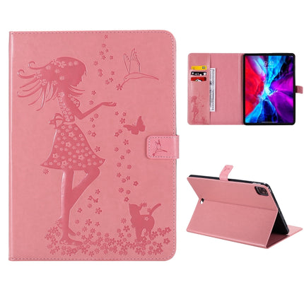 For iPad Pro 12.9 (2020) Pressed Printing Woman and Cat Pattern Horizontal Flip Leather Tablet Case with Holder & Card Slots & Wallet(Pink)-garmade.com
