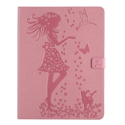For iPad Pro 12.9 (2020) Pressed Printing Woman and Cat Pattern Horizontal Flip Leather Tablet Case with Holder & Card Slots & Wallet(Pink)-garmade.com