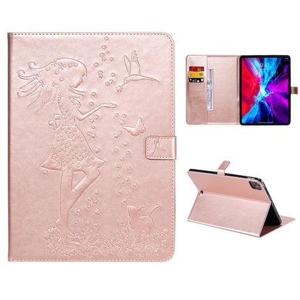For iPad Pro 12.9 (2020) Pressed Printing Woman and Cat Pattern Horizontal Flip Leather Tablet Case with Holder & Card Slots & Wallet(Rose Gold)-garmade.com