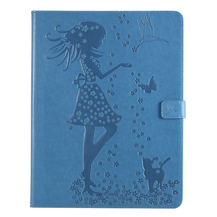 For iPad Pro 12.9 (2020) Pressed Printing Woman and Cat Pattern Horizontal Flip Leather Tablet Case with Holder & Card Slots & Wallet(Blue)-garmade.com