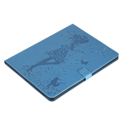For iPad Pro 12.9 (2020) Pressed Printing Woman and Cat Pattern Horizontal Flip Leather Tablet Case with Holder & Card Slots & Wallet(Blue)-garmade.com