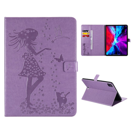 For iPad Pro 12.9 (2020) Pressed Printing Woman and Cat Pattern Horizontal Flip Leather Tablet Case with Holder & Card Slots & Wallet(Purple)-garmade.com