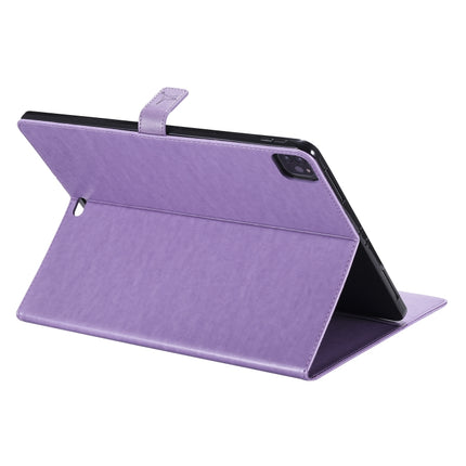 For iPad Pro 12.9 (2020) Pressed Printing Woman and Cat Pattern Horizontal Flip Leather Tablet Case with Holder & Card Slots & Wallet(Purple)-garmade.com