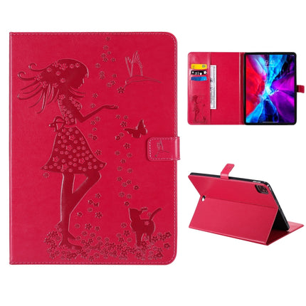 For iPad Pro 12.9 (2020) Pressed Printing Woman and Cat Pattern Horizontal Flip Leather Tablet Case with Holder & Card Slots & Wallet(Red)-garmade.com