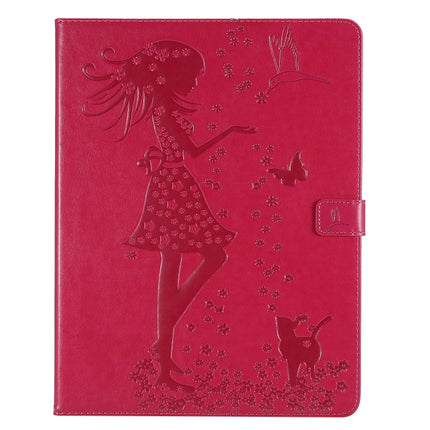 For iPad Pro 12.9 (2020) Pressed Printing Woman and Cat Pattern Horizontal Flip Leather Tablet Case with Holder & Card Slots & Wallet(Red)-garmade.com