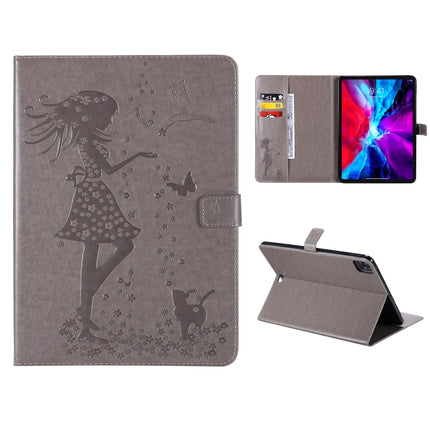 For iPad Pro 12.9 (2020) Pressed Printing Woman and Cat Pattern Horizontal Flip Leather Tablet Case with Holder & Card Slots & Wallet(Grey)-garmade.com