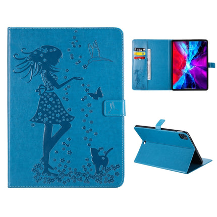 For iPad Pro 11 (2020) Pressed Printing Woman and Cat Pattern Horizontal Flip Leather Tablet Case with Holder & Card Slots & Wallet(Blue)-garmade.com