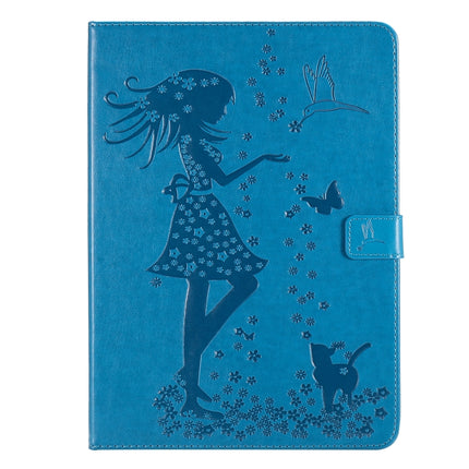 For iPad Pro 11 (2020) Pressed Printing Woman and Cat Pattern Horizontal Flip Leather Tablet Case with Holder & Card Slots & Wallet(Blue)-garmade.com