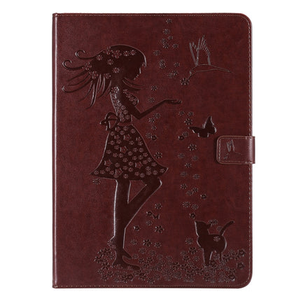 For iPad Pro 11 (2020) Pressed Printing Woman and Cat Pattern Horizontal Flip Leather Tablet Case with Holder & Card Slots & Wallet(Coffee)-garmade.com