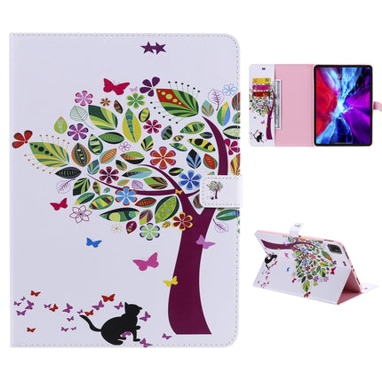For iPad Pro 12.9 (2020) Colored Drawing Horizontal Flip Leather Tablet Case with Holder & Card Slot & Wallet(Cat and Tree)-garmade.com