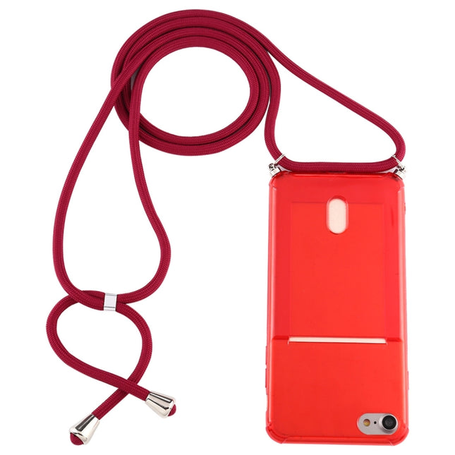 For iPhone 8 / 7 Transparent TPU Protective Case with Lanyard & Card Slot(Red)-garmade.com