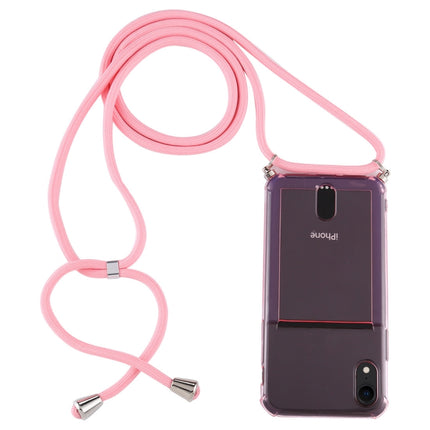 For iPhone XR Transparent TPU Protective Case with Lanyard & Card Slot(Pink)-garmade.com